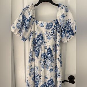 Blue and White Midi Dress Puff Sleeve